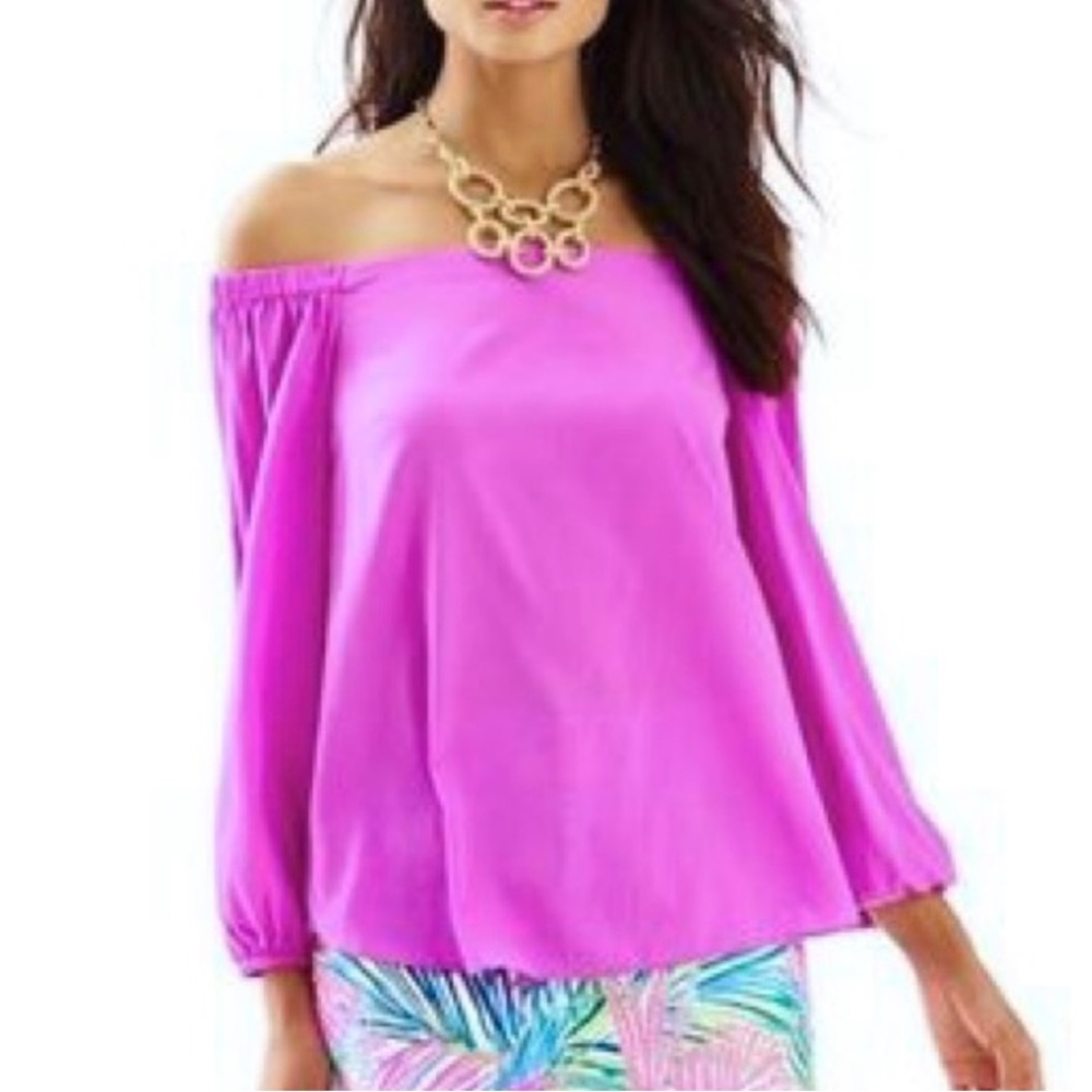 NWT Lilly Pulitzer Adira Off-the-Shoulder Silk Blouse in Amethyst, Size Medium.